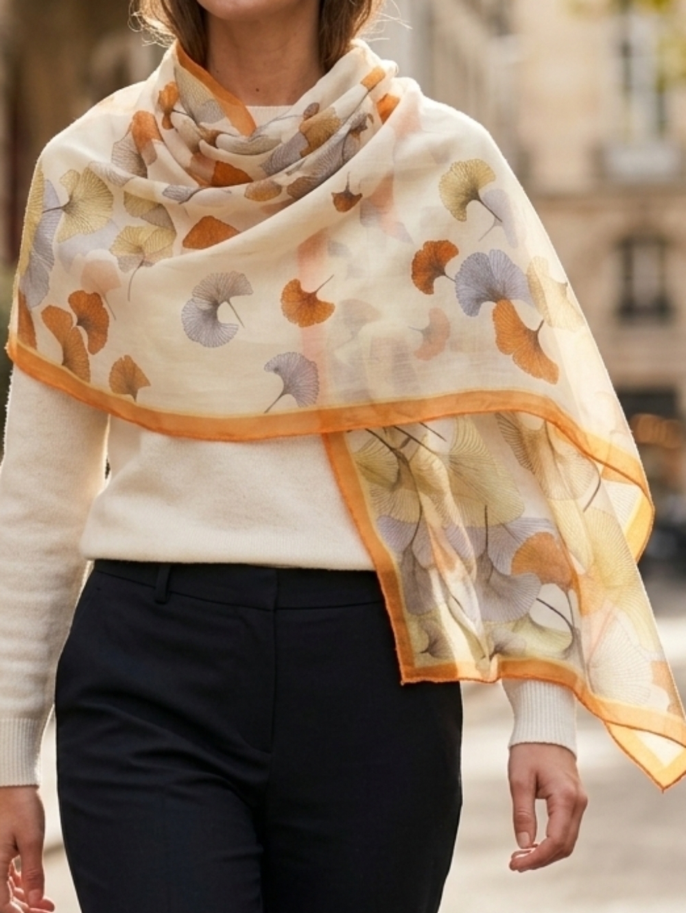 Ginkgo Leaf Print Chiffon Head Wrap Neck Scarf in Orange & Gold, NWT, 63" × 20"